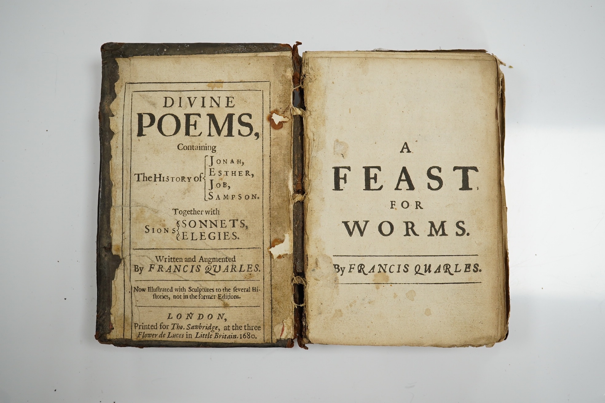 Quarles, Francis - Divine Poems ... together with Sions Sonnets, Elegies ... now illustrated with sculptures ... not in the former editions. 6 plates (?only); contemp. panelled and decorated calf, sm.8vo. printed for Tho